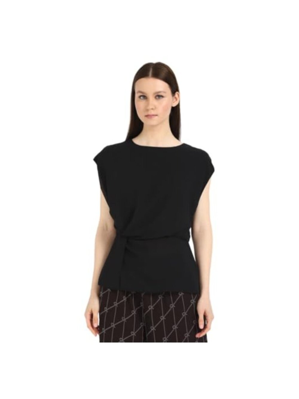 Chiffon Twist Front Blouse Short Sleeve Crewneck Back Zipper